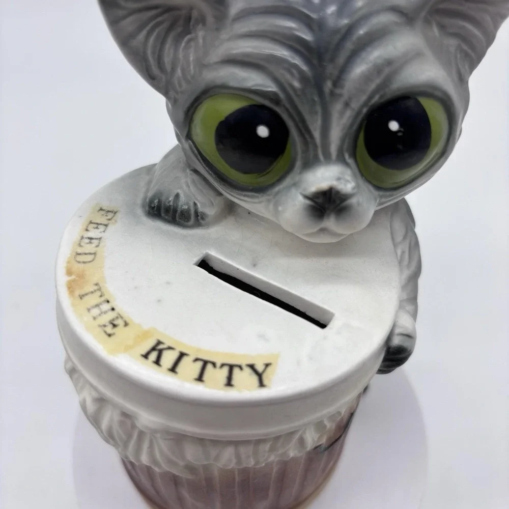 Vintage 1960's Japan Enesco Ceramic Feed The Bank Big Eyed Cat Piggy Bank